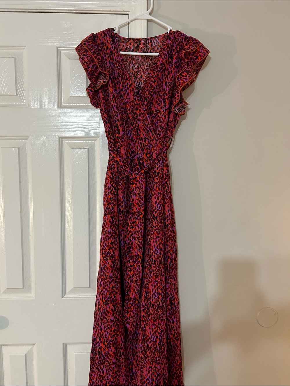 Women’s Pink & Red Printed Maxi Dress with Ruffle Sleeves